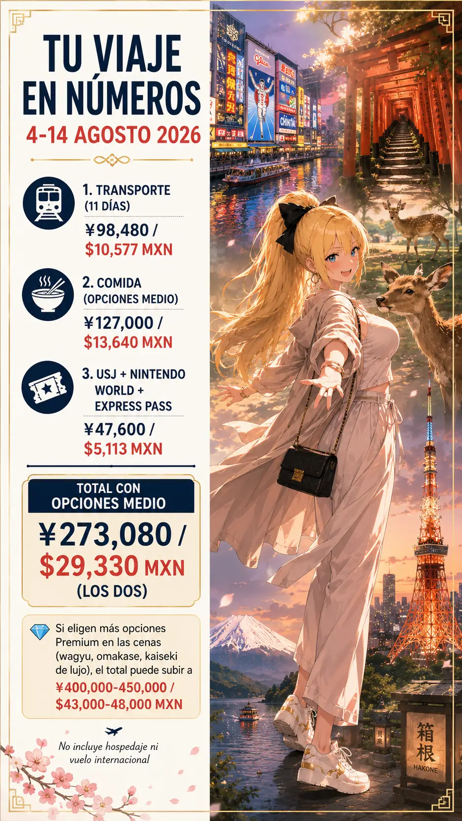 Tu viaje en números - presupuesto desglosado del itinerario Honoka en yenes y pesos mexicanos