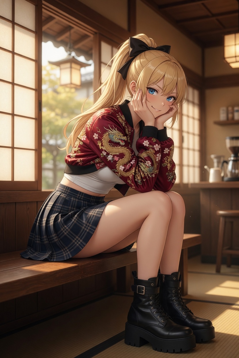 Honoka en café tradicional japonés sosteniendo un matcha