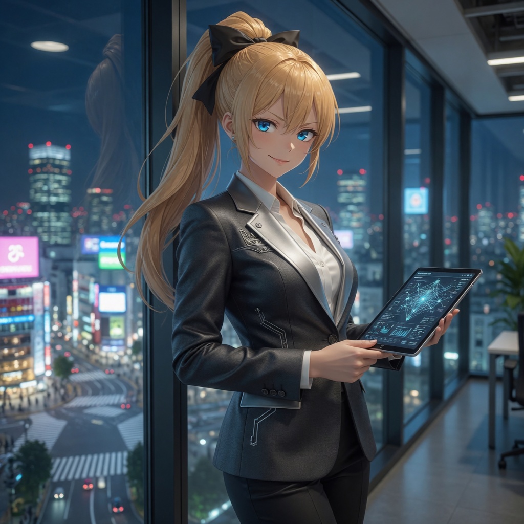 Honoka planeando tu viaje desde un rooftop con la Torre de Tokio